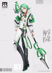Rule 34 | 1boy, absurdres, barcode, commentary request, full body, green hair, grey background, grin, hand on own hip, highres, holding, holding spear, holding weapon, looking at viewer, male focus, nail polish, original, polearm, purple eyes, smile, solo, spear, taiga (ryukyu-6102-8), weapon