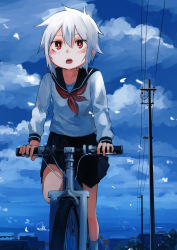 Rule 34 | 1girl, bicycle, black skirt, blue sky, character request, chestnut mouth, cloud, cloudy sky, day, grey hair, hair between eyes, highres, inami hatoko, open mouth, original, outdoors, pleated skirt, power lines, red eyes, riding, short hair, skirt, sky, socks, solo, utility pole, white socks
