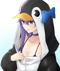 Rule 34 | 1girl, absurdres, animal hood, bikini, bikini top only, blue choker, blue eyes, blush, choker, collarbone, fate/grand order, fate (series), highres, hood, long hair, long sleeves, looking away, meltryllis, meltryllis (fate), meltryllis (swimsuit lancer) (fate), meltryllis (swimsuit lancer) (first ascension) (fate), onesie, parted lips, penguin hood, purple hair, solo, sweat, swimsuit, tsurupy