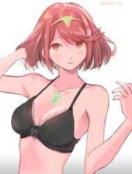 Rule 34 | 1girl, black bra, blush, bra, breasts, chest jewel, cleavage, closed mouth, fujie-yz, gem, gradient background, hand in own hair, headpiece, highres, looking at viewer, medium breasts, pyra (xenoblade), red eyes, red hair, short hair, simple background, solo, tiara, twitter username, underwear, upper body, xenoblade chronicles (series), xenoblade chronicles 2