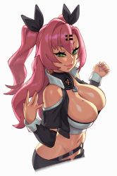 Rule 34 | 1girl, absurdres, black ribbon, black shorts, breasts, cleavage, crop top, green eyes, hair ornament, hair ribbon, hairclip, highres, large breasts, long hair, looking at viewer, midriff, mole, navel, nicole demara, pink hair, ribbon, riz, shorts, smile, solo, strapless, thighhighs, tube top, two side up, zenless zone zero