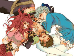 Rule 34 | 1boy, 2girls, :d, alice elliot, armor, belt, blush, breastplate, brown hair, buckle, closed eyes, karin koenig, long sleeves, lowres, multiple girls, open mouth, pants, red hair, shadow hearts, shadow hearts ii, silver hair, simple background, smile, spiked hair, thighhighs, upper body, white background, yuri hyuga