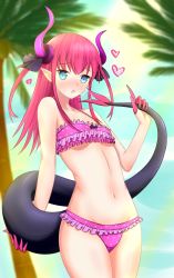 Rule 34 | 10s, 1girl, absurdres, bare arms, bare shoulders, bikini, black bow, black ribbon, blue eyes, blue sky, blurry, blurry background, blush, bow, breasts, collarbone, commentary, cowboy shot, curled horns, day, depth of field, dragon girl, dragon horns, dragon tail, elizabeth bathory (fate), elizabeth bathory (fate/extra ccc), fate/extra, fate/extra ccc, fate (series), frilled bikini, frills, hair ribbon, heart, highres, holding, holding with tail, horns, long hair, looking at viewer, navel, nose blush, official alternate costume, outdoors, palm tree, parted lips, pink bikini, pink hair, pointy ears, polka dot, polka dot bikini, prehensile tail, ribbon, saliva, saliva trail, sidelocks, sky, small breasts, solo, strapless, strapless bikini, swimsuit, tail, tongue, tongue out, tree, two side up, underboob, yuujoduelist