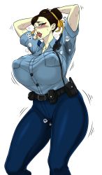 Rule 34 | 1girl, arm behind head, armpit sweat, armpits, blush, breasts, breath, brown eyes, brown hair, capcom, chun-li, covered erect nipples, eyeshadow, highres, huge breasts, looking at viewer, makeup, numahana, open mouth, police, police uniform, policewoman, simple background, smell, solo, stain, street fighter, street fighter v, sweat, sweat stain, tongue, tongue out, uniform, walkie-talkie