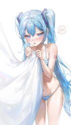 Rule 34 | absurdres, behind curtains, blue hair, blush, breasts, curtain grab, curtains, hair ornament, hatsune miku, highres, kinakomocci518, long hair, navel, panties, side-tie panties, simple background, small breasts, striped clothes, striped panties, twintails, underwear, vocaloid, white background