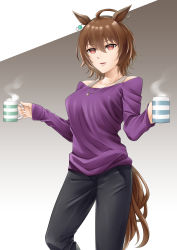 Rule 34 | 1girl, absurdres, agnes tachyon (umamusume), ahoge, animal ears, black pants, bra strap, breasts, brown hair, commentary request, cup, earrings, gradient background, grey background, highres, holding, holding cup, horse ears, horse girl, horse tail, jewelry, long sleeves, looking at viewer, medium breasts, mug, necklace, off-shoulder shirt, off shoulder, pants, purple shirt, red eyes, shirt, short hair, single earring, tail, umamusume, yuhata yatsuka