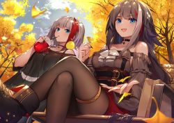 Rule 34 | 2girls, :d, admiral graf spee (azur lane), alternate costume, anklet, autumn, autumn leaves, azur lane, bag, bare shoulders, belt, bench, black dress, black footwear, black hair, black nails, blue eyes, boots, breasts, brown legwear, casual, choker, collarbone, commentary request, crossed legs, cup, day, deutschland (azur lane), disposable cup, dress, drinking straw, fang, fingernails, ginkgo tree, grey hair, grey shirt, highres, holding, jewelry, kaerunoko, lamppost, long hair, long sleeves, looking at viewer, medium breasts, multicolored hair, multiple girls, nail polish, off-shoulder dress, off-shoulder shirt, off shoulder, open mouth, outdoors, pantyhose, paper bag, park bench, red hair, red shorts, sharp fingernails, shirt, short shorts, shorts, sidelocks, sitting, skindentation, smile, tree, tree shade, two-tone hair, underbust