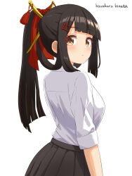 Rule 34 | 1girl, absurdres, arm at side, artist name, black hair, black skirt, blunt bangs, blush, breasts, closed mouth, female focus, from behind, hair ornament, hair ribbon, hair rings, hair stick, hairclip, hazakura hinata, highres, looking at viewer, looking back, medium breasts, orange eyes, original, pleated skirt, ponytail, red ribbon, ribbon, school uniform, shirt, shirt tucked in, short sleeves, sidelocks, signature, simple background, skirt, solo, standing, upper body, white background, white shirt