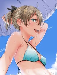 Rule 34 | 10s, 1girl, absurdres, aoi tiduru, aqua eyes, bare shoulders, bikini, blue bikini, blue sky, blush, breasts, brown hair, chizurusou (tiduru 39), cloud, collarbone, commentary request, day, hair ornament, highres, kantai collection, kumano (kancolle), looking at viewer, navel, open mouth, outdoors, ponytail, short hair, short ponytail, sitting, sky, small breasts, smile, solo, sweat, swimsuit, upper body