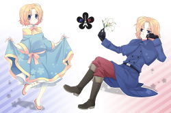 Rule 34 | 2boys, axis powers hetalia, blonde hair, blue eyes, blush, boots, crossdressing, dual persona, flower, france (hetalia), full body, gloves, highres, male focus, multiple boys, skirt hold, smile, time paradox, trap, usapon54, aged down