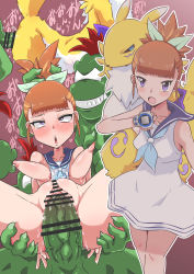 Rule 34 | 2girls, bar censor, breast sucking, breasts, censored, digimon, digimon tamers, doggystyle, erection, furry, goburimon, hetero, highres, makino ruki, moaning, multiple boys, multiple girls, nipples, penis, purple eyes, pussy, renamon, reverse cowgirl position, sex, sex from behind, straddling, ultrabuster, vaginal, veins, veiny penis
