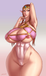 Rule 34 | 1girl, arm up, armpits, blue eyes, breasts, brown hair, cameltoe, cleavage cutout, closed mouth, clothing cutout, collarbone, covered navel, cowboy shot, curvy, gradient background, highleg, highres, huge breasts, lips, long hair, looking at viewer, nintendo, nipples, pointy ears, princess zelda, purple background, raidou zero, revealing clothes, serious, skin tight, solo, the legend of zelda, the legend of zelda: twilight princess, tiara, wide hips