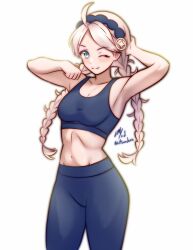 Rule 34 | 1girl, absurdres, ahoge, arms up, blue eyes, blue hairband, blue sports bra, braid, breasts, commission, commissioner upload, fire emblem, fire emblem fates, grey hair, hairband, highres, light smile, long hair, looking at viewer, low twin braids, low twintails, medium breasts, midriff, navel, nina (fire emblem), nintendo, one eye closed, pants, parted bangs, rotomdocs, sports bra, sportswear, twin braids, twintails, upper body, yoga pants