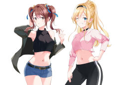 Rule 34 | 2girls, ;d, arm up, armpits, bare shoulders, beatrix (granblue fantasy), belt, black choker, black jacket, black pants, black shirt, blonde hair, blue eyes, blue shorts, breasts, brown eyes, brown hair, choker, cowboy shot, crop top, crop top overhang, denim, denim shorts, granblue fantasy, grin, hair ornament, hairband, hand on own hip, hand up, highres, jacket, long hair, long sleeves, looking at viewer, medium breasts, midriff, multiple girls, navel, nonbire, off shoulder, one eye closed, open clothes, open jacket, open mouth, pants, parted lips, pink shirt, ponytail, ribbed shirt, shirt, short shorts, shorts, sidelocks, simple background, sleeveless, sleeveless shirt, smile, standing, stomach, thighs, track pants, twintails, white background, zeta (granblue fantasy)
