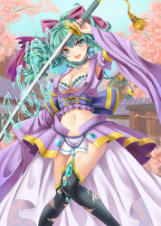 Rule 34 | 1girl, arm up, bad id, bad pixiv id, black thighhighs, bow, bra, breasts, choker, cleavage, detached sleeves, frills, green eyes, green hair, hair bow, hydrokinesis, jewelry, large breasts, long hair, lots of jewelry, matching hair/eyes, original, pleated skirt, ponytail, purple skirt, shinki kakusei melty maiden, skirt, smile, solo, striped, striped bow, sword, tamashiro, thighhighs, torn clothes, torn thighhighs, underwear, water, weapon