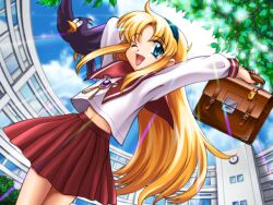 Rule 34 | 1girl, alice (alicesoft), alice soft, artist request, bird, blonde hair, blue eyes, blue hairband, blue sky, briefcase, brooch, building, charm (object), cloud, cowboy shot, day, hairband, jewelry, long hair, long sleeves, non-web source, one eye closed, open mouth, outdoors, pleated skirt, red sailor collar, red skirt, sailor collar, school, school briefcase, school uniform, serafuku, shirt, skirt, sky, smile, solo, sunlight, white shirt