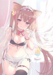 Rule 34 | 1girl, absurdres, animal ear fluff, animal ears, apron, black bra, black panties, black thighhighs, blush, bow, bra, bracelet, breasts, brown eyes, brown hair, cat ears, cleavage, cup, curtains, detached collar, drinking straw, fingernails, frills, hair ornament, hairclip, highres, holding, indoors, jewelry, looking at viewer, medium breasts, miwabe sakura, mole, mole under eye, navel, original, panties, scan, see-through, side-tie panties, smile, solo, standing, stomach, table, thighhighs, thighs, twintails, underwear, waist apron