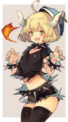 Rule 34 | 1girl, absurdres, ahoge, beret, blonde hair, blue hat, bowsette, bowsette (cosplay), bracelet, breasts, claw pose, collar, commission, cosplay, fen (vtuber), fingernails, green eyes, hat, highres, horns, indie virtual youtuber, jewelry, kemomin nosuke, mario (series), navel, nintendo, open mouth, second-party source, sharp fingernails, short hair, skeb commission, skindentation, small breasts, solo, spiked belt, spiked bracelet, spiked collar, spikes, thighhighs, virtual youtuber