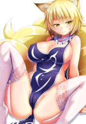 Rule 34 | 1girl, animal ears, arm support, bare shoulders, blonde hair, blush, breasts, cameltoe, cleavage, covered erect nipples, ebi 193, female focus, fox ears, fox tail, garter straps, large breasts, looking at viewer, multiple tails, naked tabard, short hair, sideboob, sitting, smile, solo, spread legs, tabard, tail, thighhighs, touhou, white thighhighs, yakumo ran, yellow eyes