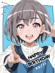 Rule 34 | 1girl, artist name, bang dream!, bang dream! it&#039;s mygo!!!!!, blue background, blush, border, commentary, dated, english commentary, english text, grey hair, hand up, happy birthday, highres, izami md, open mouth, outside border, pointing, pointing at viewer, red eyes, short hair, smile, solo, takamatsu tomori, teeth, upper body, upper teeth only, white border