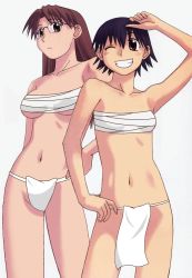 2girls, armpits, artist request, azumanga daiou, bare legs, bare pecs, bare shoulders, black hair, breasts, brown eyes, brown hair, closed mouth, female focus, fundoshi, glasses, height difference, japanese clothes, looking at viewer, looking to the side, medium breasts, medium hair, mizuhara koyomi, multiple girls, sarashi, short hair, simple background, small breasts, smile, standing, takino tomo, teeth, thighs, tomboy, white background