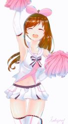 Rule 34 | 1girl, :d, ^ ^, arm up, armpits, artist name, breasts, brown hair, cheerleader, chromatic aberration, closed eyes, commentary request, facing viewer, gluteal fold, hairband, highres, holding, holding pom poms, hoshizora no shita, kizuna ai, kizuna ai inc., long hair, medium breasts, midriff, miniskirt, open mouth, parted bangs, pink hairband, pleated skirt, pom pom (cheerleading), pom poms, ponytail, sailor collar, signature, simple background, skirt, sleeveless, smile, solo, thighhighs, virtual youtuber, white background, white skirt
