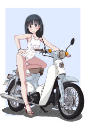 Rule 34 | 1girl, black hair, blue background, blush, bob cut, bracelet, closed mouth, eniwa shii, hand on own hip, high heels, highres, jewelry, legs, moped, motor vehicle, one-piece swimsuit, school swimsuit, simple background, sin rg, super cub, swimsuit, white one-piece swimsuit