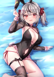Rule 34 | 1girl, animal ears, arm support, arm up, black hair, black hairband, black one-piece swimsuit, black thighhighs, blush, braid, breasts, cleavage, clothing cutout, fake animal ears, fang, frilled swimsuit, frills, grey hair, hair ornament, hair ribbon, hairband, highres, hololive, large breasts, legwear garter, long sleeves, looking at viewer, medium hair, multicolored hair, navel cutout, one-piece swimsuit, open mouth, rabbit ears, red eyes, red ribbon, ribbon, sakamata chloe, single thighhigh, smile, solo, streaked hair, swimsuit, thighhighs, twintails, virtual youtuber, x hair ornament, yuano