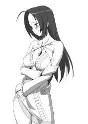 Rule 34 | 00s, 1girl, a1 (initial-g), breasts, cosmic &amp; funny (idolmaster), female focus, greyscale, halterneck, idolmaster, idolmaster (classic), idolmaster 1, miura azusa, monochrome, simple background, solo, standing, white background