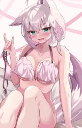 Rule 34 | 1girl, absurdres, ahoge, animal ears, aqua eyes, arm support, bikini, unworn bikini bottom, blush, braid, breasts, cleavage, collarbone, commentary request, fang, fox ears, fox girl, fox shadow puppet, fox tail, highres, holding, holding clothes, holding swimsuit, hololive, large breasts, long hair, looking at viewer, low ponytail, open mouth, pentagram, rodeo (rodeo neko), shirakami fubuki, side braid, single braid, sitting, skin fang, solo, swimsuit, tail, torn bikini, torn clothes, torn swimsuit, virtual youtuber, white hair