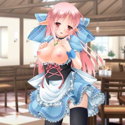 Rule 34 | 1girl, apron, black thighhighs, blurry, blurry background, blush, bow, braid, breasts, breasts out, cafe, checkered floor, collar, corset, crown braid, elf, eyes visible through hair, french braid, frilled apron, frills, game cg, hair bow, highres, indoors, kanna hisashi, large bow, large breasts, long hair, nipples, no bra, original, panties, panty peek, pink hair, pink panties, pointy ears, puffy short sleeves, puffy sleeves, red eyes, short sleeves, solo, thighhighs, torn clothes, underwear, waist apron, waitress, wrist cuffs