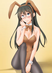 1girl, animal ears, anti (untea9), black hair, black legwear, bow, bowtie, breasts, brown leotard, brown neckwear, bunny ears, bunny tail, cleavage, commentary request, detached collar, glasses, gradient, gradient background, green eyes, highres, kantai collection, leotard, long hair, looking at viewer, medium breasts, ooyodo (kancolle), pantyhose, playboy bunny, semi-rimless eyewear, sitting, solo, tail, under-rim eyewear, wrist cuffs, yellow background