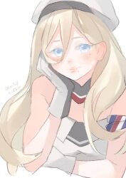 Rule 34 | 1girl, beret, blonde hair, blue eyes, dress, gloves, hair between eyes, hat, kantai collection, long hair, looking at viewer, mole, mole under eye, mole under mouth, multicolored clothes, multicolored gloves, one-hour drawing challenge, richelieu (kancolle), simple background, solo, strapless, strapless dress, suppaman (rfjy), two-tone gloves, upper body, white background, white dress, white hat