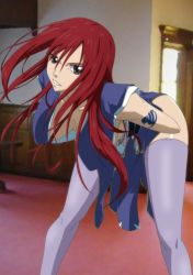 Rule 34 | 1girl, bent over, black eyes, breasts, cleavage, erza scarlet, fairy tail, hanging breasts, highres, japanese clothes, kimono, kyabakurabakufu, large breasts, legs, long hair, looking at viewer, no bra, purple legwear, red hair, smile, solo, standing, tattoo, thighs