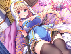 Rule 34 | 1girl, :d, belt, black gloves, black thighhighs, blonde hair, blunt bangs, blush, braid, breasts, cleavage, cross, cross earrings, dutch angle, earrings, elbow gloves, gloves, hair ornament, hair scrunchie, healing of king, highres, hood, indoors, jewelry, large breasts, latin cross, looking at viewer, mole, mole under mouth, nun, official art, on bed, open mouth, pillow, scrunchie, smile, solo, thighhighs, thighs