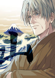 Rule 34 | 1boy, blue eyes, brown kimono, closed mouth, cloud, commentary request, grey eyes, grey hair, hands in opposite sleeves, highres, hikaru no go, hun (endlesslovehikaru), japanese clothes, kimono, long sleeves, looking away, male focus, mature male, mount fuji, old, old man, short hair, solo, touya kouyou, upper body, water, waves