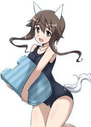 Rule 34 | 1girl, animal ears, brown eyes, brown hair, highres, kickboard, looking at viewer, one-piece swimsuit, open mouth, school swimsuit, solo, strike witches, strike witches: kurenai no majo-tachi, swimsuit, tail, takei junko, world witches series, yumekaranigeruna
