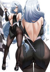 Rule 34 | 1girl, ass, ass focus, bare back, bare shoulders, breasts, cleavage cutout, clothing cutout, fingerless gloves, fingernails, genshin impact, gloves, grey hair, hair over one eye, highres, huge ass, large breasts, long hair, multicolored eyes, navel, piukute062, polearm, rainbow eyes, shenhe (genshin impact), skin tight, solo focus, thick thighs, thighhighs, thighs, tight clothes, very long hair, weapon