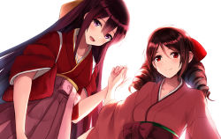 Rule 34 | 10s, 2girls, akabane rin, blush, bow, bright background, brown hair, drill hair, gradient hair, hair bow, hakama, hakama skirt, harukaze (kancolle), japanese clothes, kamikaze (kancolle), kantai collection, kimono, long hair, long sleeves, looking at viewer, multicolored hair, multiple girls, open mouth, pink hakama, pink kimono, purple eyes, purple hair, red bow, red eyes, red hakama, skirt, smile, twin drills, wide sleeves