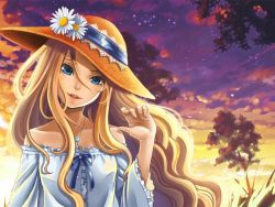Rule 34 | 1girl, artist request, ascot, bad id, bad pixiv id, bare shoulders, blonde hair, blue eyes, flower, hat, jewelry, long hair, necklace, open mouth, original, smile, solo, sunset, tree