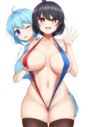 2girls :q absurdres arm_behind_back black_hair blue_eyes blue_hair blue_slingshot_swimsuit blue_vest blush breast_lift breasts bright_pupils brown_thighhighs commentary_request cookie_(touhou) covered_erect_nipples highres houjuu_nue large_breasts looking_at_viewer meimei_(cookie) mioto_(cookie) multiple_girls navel one_eye_closed open_mouth red_eyes red_slingshot_swimsuit sharen shirt short_hair simple_background skindentation slingshot_swimsuit swimsuit tatara_kogasa thighhighs tongue tongue_out touhou two-tone_slingshot_swimsuit vest waving white_background white_pupils white_shirt