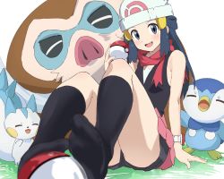 Rule 34 | 1girl, 3others, absurdres, arm support, beanie, black shirt, black shorts, black socks, blue eyes, blue hair, blurry, blurry foreground, blush, breasts, commentary request, creatures (company), dawn (pokemon), feet, feet on toy, foreshortening, game freak, gen 4 pokemon, hair ornament, hairclip, hat, head tilt, highres, holding with feet, knees up, legs, long hair, looking at viewer, mamoswine, multiple others, nintendo, no shoes, open mouth, pachirisu, pink skirt, piplup, poke ball print, pokemon, pokemon dppt, poketch, rauto, red scarf, scarf, shirt, shorts, shorts under skirt, sidelocks, sitting, skirt, sleeveless, sleeveless shirt, small breasts, socks, thighs, watch, white background, white headwear, wristwatch