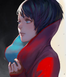 Rule 34 | 1girl, black hair, blue eyes, closed mouth, coat, original, popped collar, rejean dubois, short hair, simple background, solo
