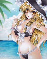 Rule 34 | 1girl, bare shoulders, bikini, black bikini, blonde hair, blush, braid, breasts, brown eyes, cleavage, cloud, day, female focus, food, frilled bikini, frills, front-tie top, groin, hand on own hip, hat, hip focus, kirisame marisa, large breasts, long hair, marker (medium), millipen (medium), navel, ocean, open mouth, popsicle, ryumaira, solo, swimsuit, touhou, traditional media, very long hair, water, watermark, witch, witch hat, wrist cuffs