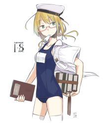 Rule 34 | 10s, 1girl, blonde hair, blue eyes, book, bookmark, glasses, hat, i-8 (kancolle), kantai collection, kawashina (momen silicon), low twintails, mouth hold, name tag, one-piece swimsuit, peaked cap, school swimsuit, solo, swimsuit, twintails, white legwear