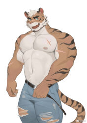 Rule 34 | 1boy, abs, animal ears, bara, beard, blue eyes, bulge, clothes pull, cowboy shot, cross scar, facial hair, forked eyebrows, frde, furry, furry male, green eyes, highres, large pectorals, male focus, mature male, muscular, muscular male, navel, navel hair, nipples, original, pants, pants pull, pectorals, scar, scar on arm, scar on chest, seductive smile, short hair, sideburns, smile, solo, stomach, tail, thick eyebrows, thick thighs, thighs, tiger boy, tiger ears, tiger tail, topless male, torn clothes, torn pants