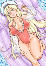 Rule 34 | 1girl, absurdres, azur lane, barefoot, beret, blonde hair, blue eyes, breasts, casual one-piece swimsuit, commentary request, commission, cosplay, cowboy shot, from above, hair between eyes, hat, highleg, highleg swimsuit, highres, historical name connection, inflatable raft, kantai collection, large breasts, long hair, looking at viewer, mikan ame q, mole, mole under eye, mole under mouth, name connection, one-piece swimsuit, pink one-piece swimsuit, pixiv commission, richelieu (azur lane), richelieu (azur lane) (cosplay), richelieu (fleuron of the waves) (azur lane), richelieu (kancolle), side-tie swimsuit, solo, swimsuit, white hat