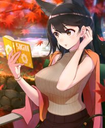 Rule 34 | 1girl, alternate costume, atago (azur lane), autumn leaves, azur lane, black hair, book, breasts, brown eyes, casual, covered erect nipples, day, tucking hair, highres, holding, holding book, large breasts, leaf, maple leaf, mappaninatta, mole, mole under eye, open book, outdoors, reading, revision, ribbed sweater, sleeveless, solo, sweater, swept bangs, turtleneck, turtleneck sweater