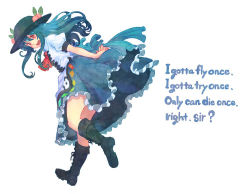 Rule 34 | 1girl, blue hair, blush, boots, colored pencil (medium), english text, food, fruit, full body, hat, hinanawi tenshi, long hair, lyrics, open mouth, peach, red eyes, simple background, smile, solo, terrajin, touhou, traditional media, white background