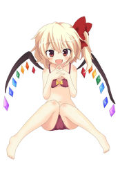 Rule 34 | 1girl, barefoot, bikini, blonde hair, child, flandre scarlet, looking at viewer, massala, open mouth, own hands clasped, own hands together, red bikini, red eyes, ribbon, short hair, side ponytail, sitting, smile, solo, swimsuit, touhou, wings, aged down